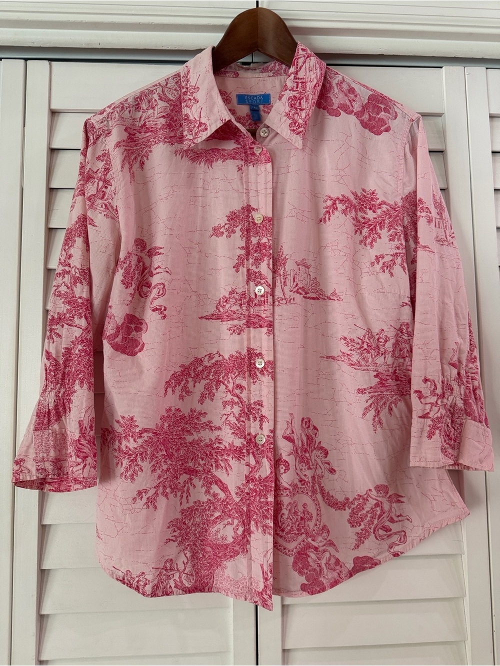 Escada Sport Pink Toile De Jouy Pattern Button Down Blouse Top - Size 42